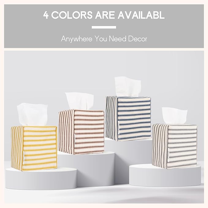 Tissue Box Cover, Fabric Tissue Box Holder Square, Stylish Toilet Paper Storage, Modern Bathroom Counter Organizer Decorations Accessories,Ticking Stripe 5''x5''x5'' (Pastel Grey)