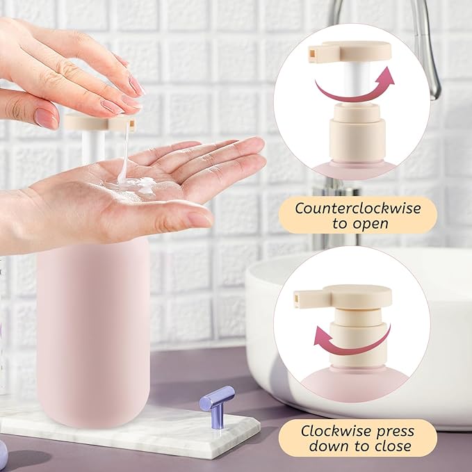 6 Pcs 10 oz Soft Plastic Bottles with Press Pump,Empty Refillable Travel Shampoo Dispenser Container for Hand Soap,Shampoo,Lotion,Body Wash,Conditioner,Silicone Funnel Included (Pink)