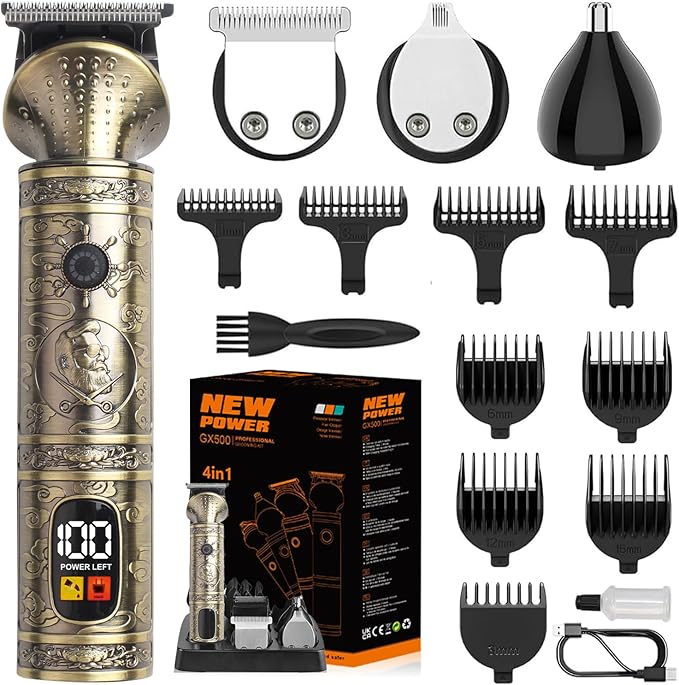 Trimmer Kit Professional Hair Clipper Zero Gapped T-Blade Electric Shaver Razor Nose Body Trimmer for Men Cordless Grooming Kit 4 in 1