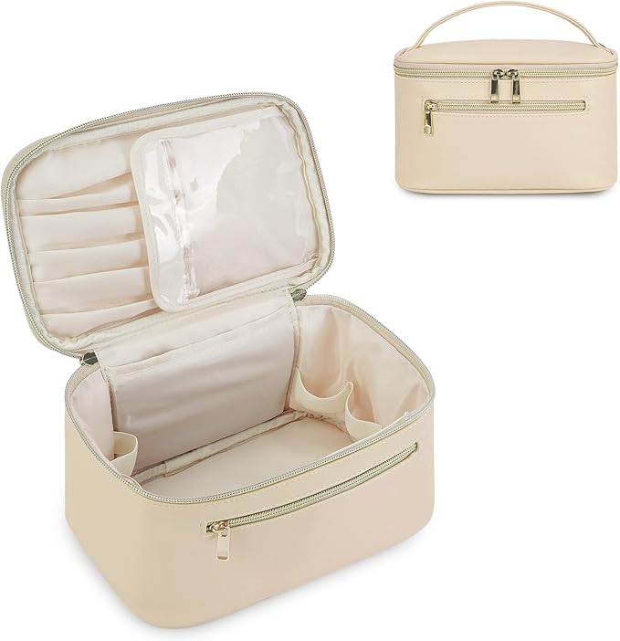 Wandering Nature Makeup Bag, Travel Make Up Organizer Cosmetic Brush Bags Case for Women in Vegan Leather, Beige,Patent Pending