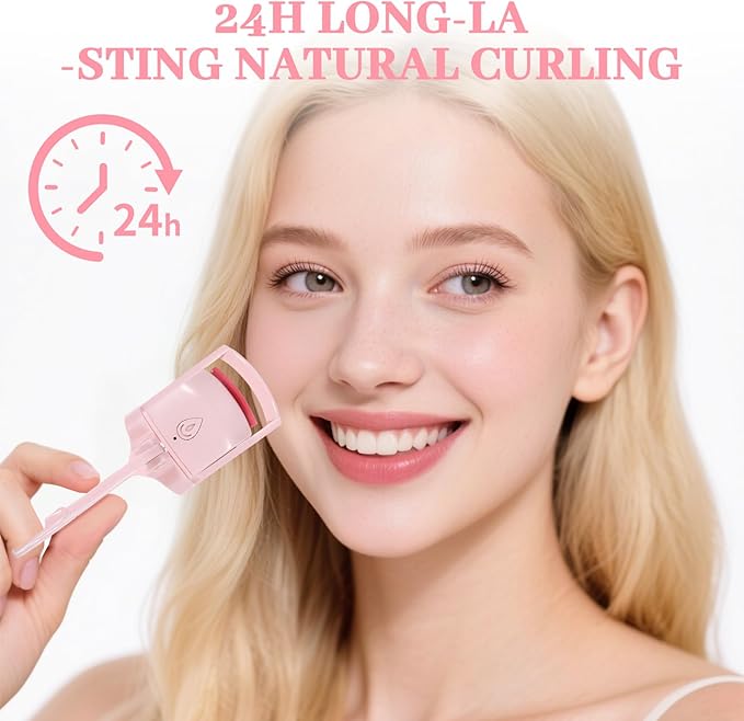 Heated Eyelash Curler, Fast Heat Up in 3s and 24h Long-Lasting Eye Lash Curler for Women,Safe Anti-Burn Heated Lash Curlers,USB Rechargeable Eyelash Curlers with Sensing Heating Silicone Pad(Pink)