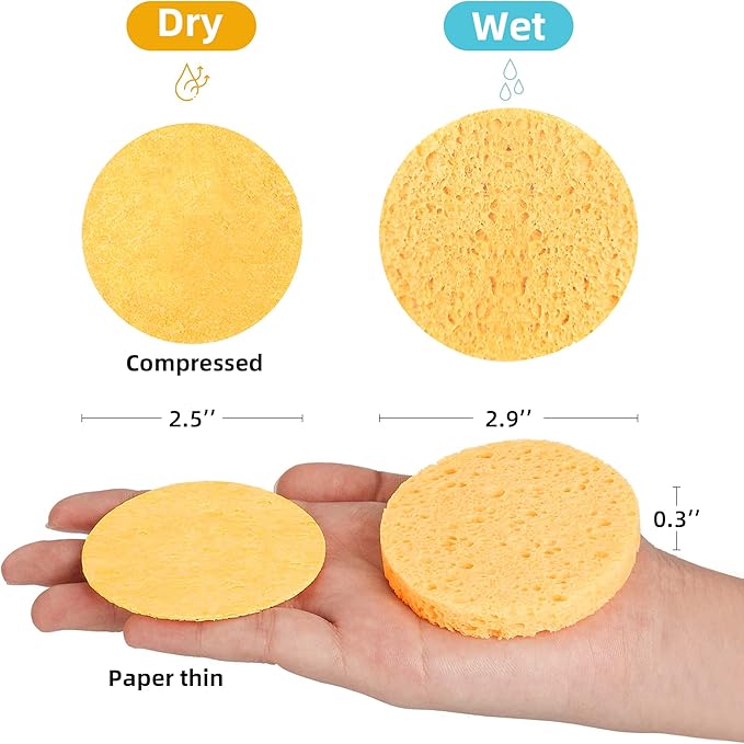 60-Count Compressed Facial Sponges|100% Natural Kickleen Cellulose Cosmetic Spa Sponges for Daily Facial Cleansing|Makeup and Mask Removal | Exfoliating | Skin Massage | Pore Exfoliation (Yellow)