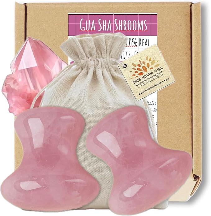 This Hippie Girl Gua Sha Mushroom Set, Jaw Sculpting Tools, A+ Rose Quartz Facial Toning and Yoga Sculpt Massage Tool, 2 Gua Sha Mushrooms for Skin and Facial Treatment, Facecare Tools