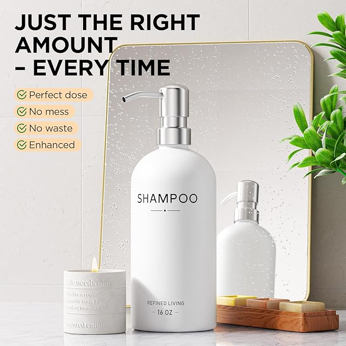 Shampoo and Conditioner Dispenser Set,3 Refillable 16oz Bottles with Stainless Steel Pumps – Shower Soap Dispensers for Bathroom, Hotel or Airbnb (Silver, 3-Pack)