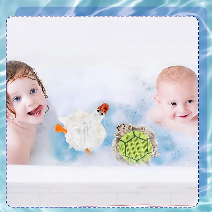 Vesici 2 Pcs Loofahs for Kids Children's Bath Loofahs Girls Toddler Cute Cartoon Bath Sponges Loofah Pouf Body Scrubber Mesh Sponges for Shower Washing Exfoliating (Turtle,Goose)