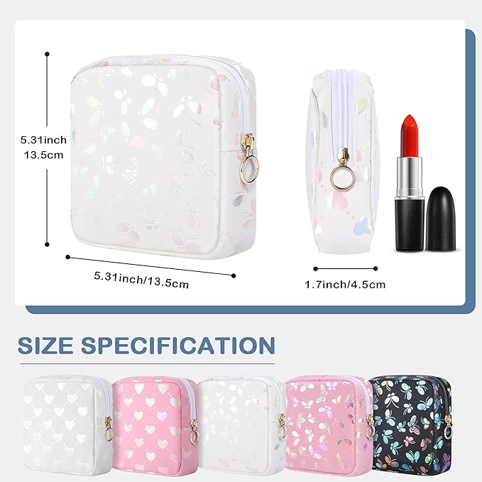 Period Bag Pouch, Leather Sanitary Napkin Storage Bag for Girls Womens, Portable Sanitary Napkin Period Pad Pouch Bag for Purse, Small Make Up Bags(White Butterflies)