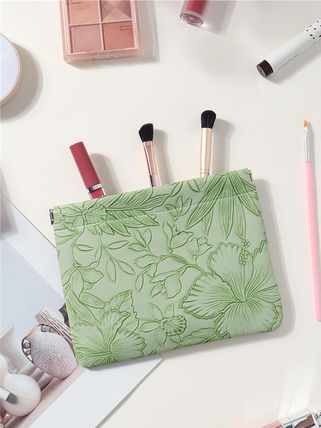 Floral Leather Makeup Pouch Set for Women Small Make Up Bag for Purse Waterproof Initial Makeup Cosmetic Bags Pouches for Purse Aesthetic Travel Toiletry Bag, Green