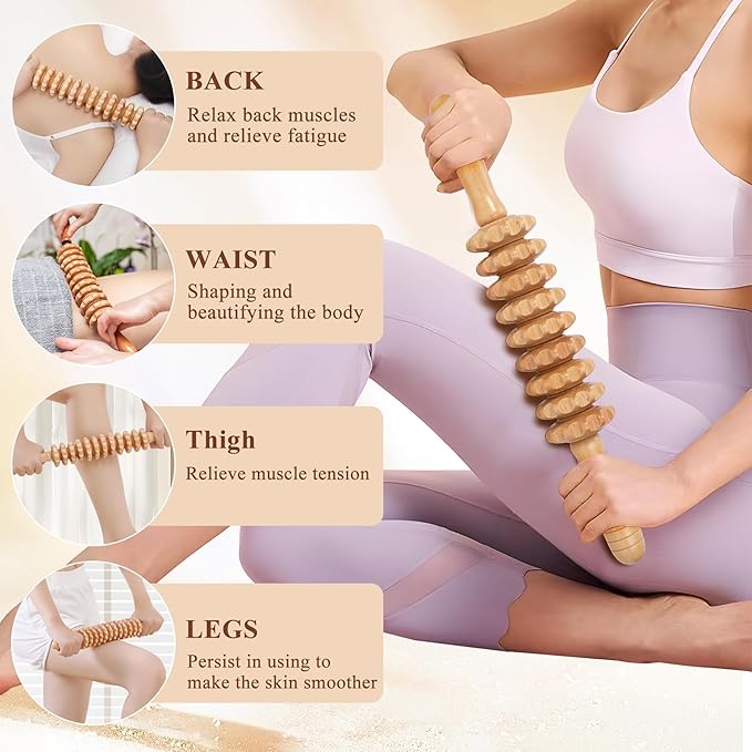 Wood Cellulite Massage Roller Wood Therapy Massage Tools Body Roller Fascia Blaster Lymphatic Drainage Massager for Legs Thighs Muscle Pain Relief(White (White 9-Wheel)
