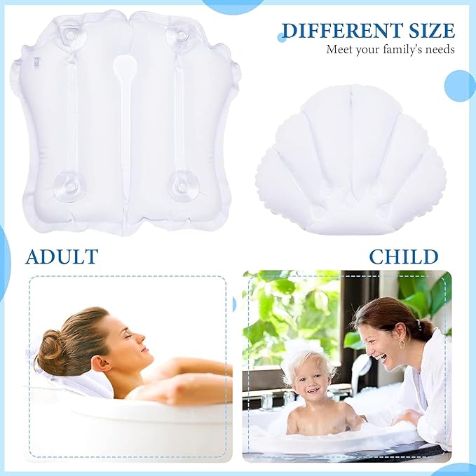 Jetec 2 Pcs Inflatable Bath Pillow with Suction Cup Bathtub Spa Pillow Neck Support Supplies Shell-Shaped Soft Inflatable Cushion Large Small Size Fits All Tub Pool Bath and Bathroom
