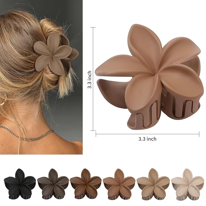 Flower Hair Clips 6 PCS Hawaiian Claw Clips for Vacation Hibiscus Hair Claw Cute Large Hair Clips for Thick and Thin Hair Plumeria Hair Accessories for Women Girls -Coffee