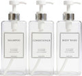 Modern Design Shampoo and Conditioner Dispenser, Large 27oz Shower Soap Dispenser, Set of 3 Refillable Empty Plastic Pump Bottles for Bathroom, 6 Waterproof Labels Included, (Clear & Silver)