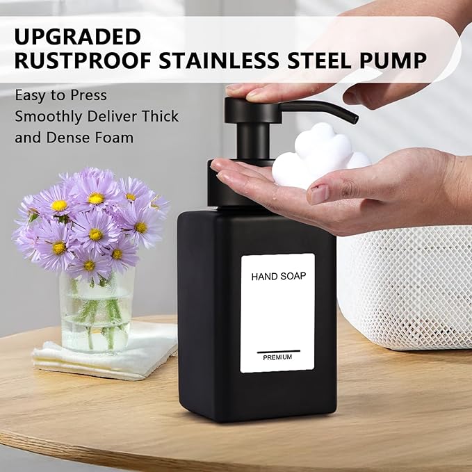 Black Foaming Hand Soap Dispenser 2 Pack,12oz/350ml Glass Foaming Soap Dispenser Set with Stainless Steel Pump, Square Refillable Foam Pump Bottles for Bathroom&Kitchen,Includes 6 Labels