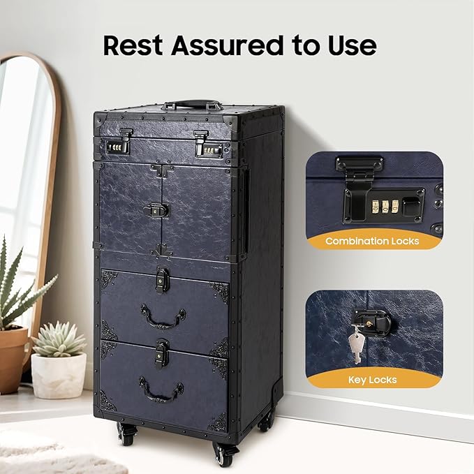 Rolling Makeup Case Large Storage Cosmetic Trolley, Rolling Lockable Makeup Train Case, Stylist Beauty Salon Cosmetic Luggage Travel Organizer Tool Box with Hair Dryer Holder (Blue)