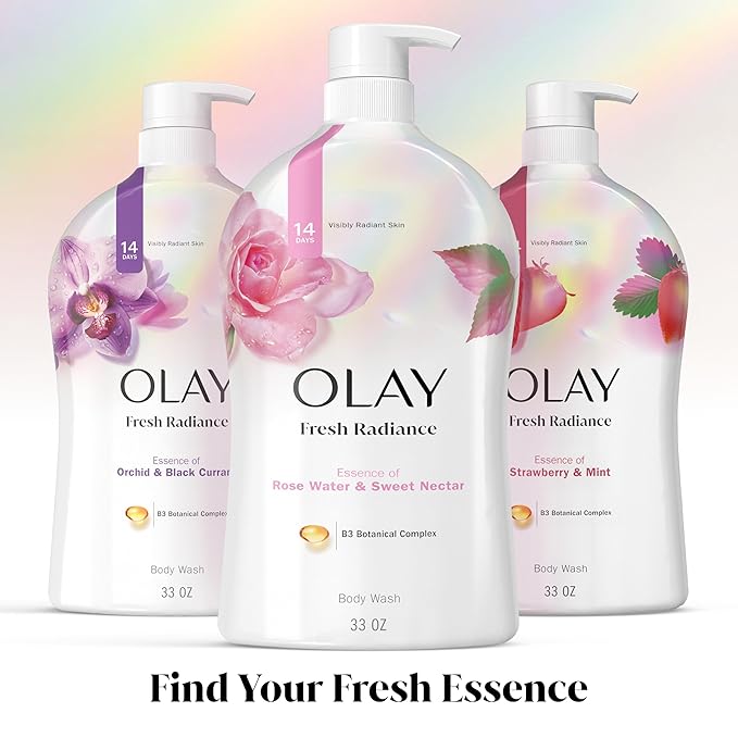 Olay Body Wash for Women, Fresh Radiance, Refreshing & Renewing, Made with Plant Based Cleansers, B3 Botanical Complex, For All Skin Types, Rose Water & Sweet Nectar Scent, 33 fl oz (Pack of 4)