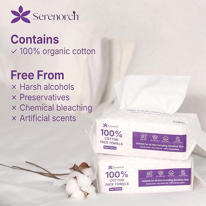 100% Cotton Disposable Face Towels 360 Count, Soft Cotton Tissue for Sensitive Skin, Makeup Remover Dry Wipes, Lint Free Facial Cleansing Cloths for Baby & Adult, Hanging Bag