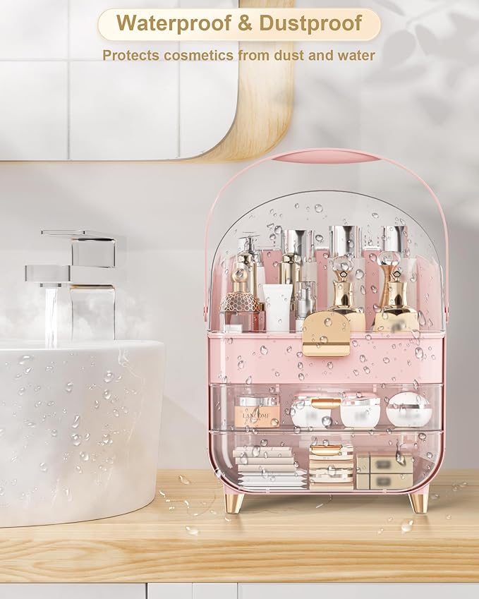 Makeup Organizer Countertop, Skincare Holder Bathroom Counter Organizer, Storage Box Cosmetic Display Cases, Teen Girl Gifts Make up Organizers for Vanity, Dresser (Pink) | Skincare Holder, Teen Girl Gifts, Trendy Stuff, Make up Organizers