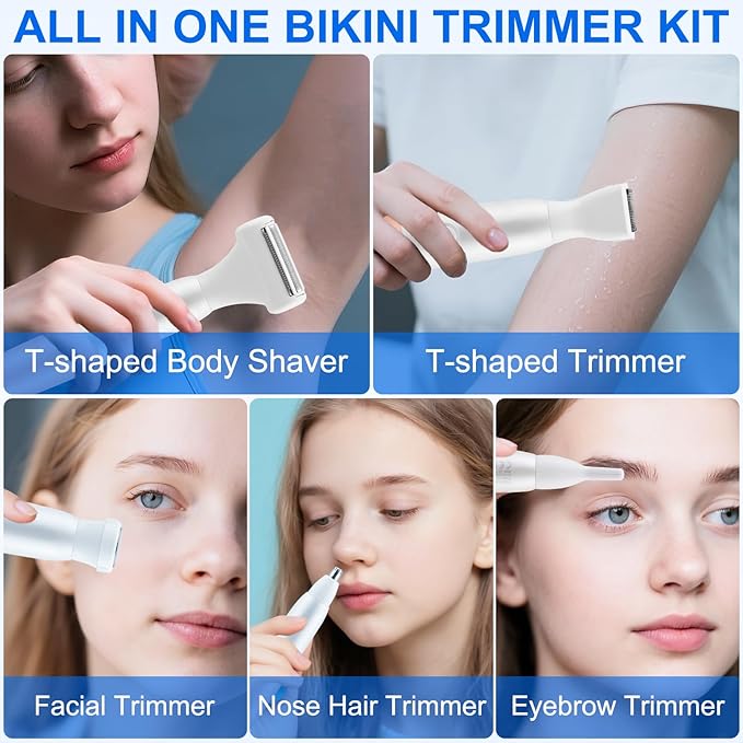 5-in-1 Bikini Trimmer Electric Razors for Women, Cordless Electric Shaver with LCD Display for Facial Body Legs Hair, Rechargeable Waterproof Pubic Body Hair Trimmer Holiday Birthday Gifts for Women