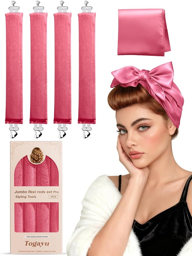 Heatless Curls Overnight Set - 4PCS Jumbo Velvet Hair Rollers to Sleep In, No-Damage Flexi Rods for Beautiful, Effortless Curls and Waves for Women