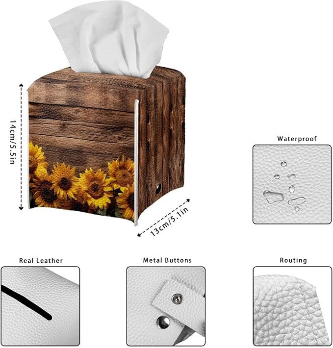 Sunflower Board Tissue Box Holder Portable Lightweight Square Tissue Box Cover Holder with Metal Button Waterproof Napkin Case for Home Office Car Automotive Decor