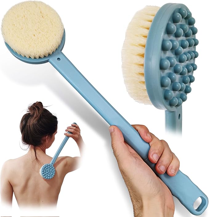 Bath Body Brush 15" Long Handle Back Shower Brush Exfoliating Back, Body and Feet Scrubber (Blue)