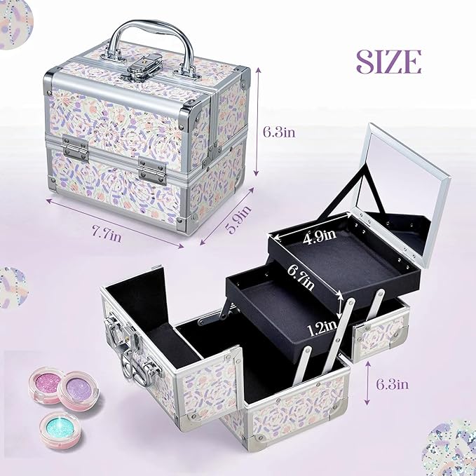Joligrace Makeup Case for Girls Cosmetic Train Case Makeup Storage Box Jewelry Organizer Hair Accessories Lockable with Trays & Mirror Purple