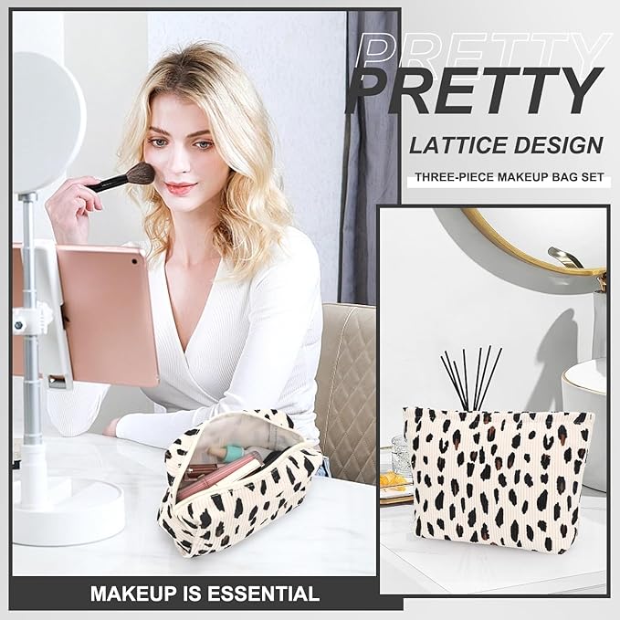 EIMMBD Makeup Bag 3 Pieces Large Capacity Cosmetic Bags Makeup Pouch for Purse Travel Toiletry Bag Organizer Cute Makeup Pouch Storage for Women(Beige Leopard)