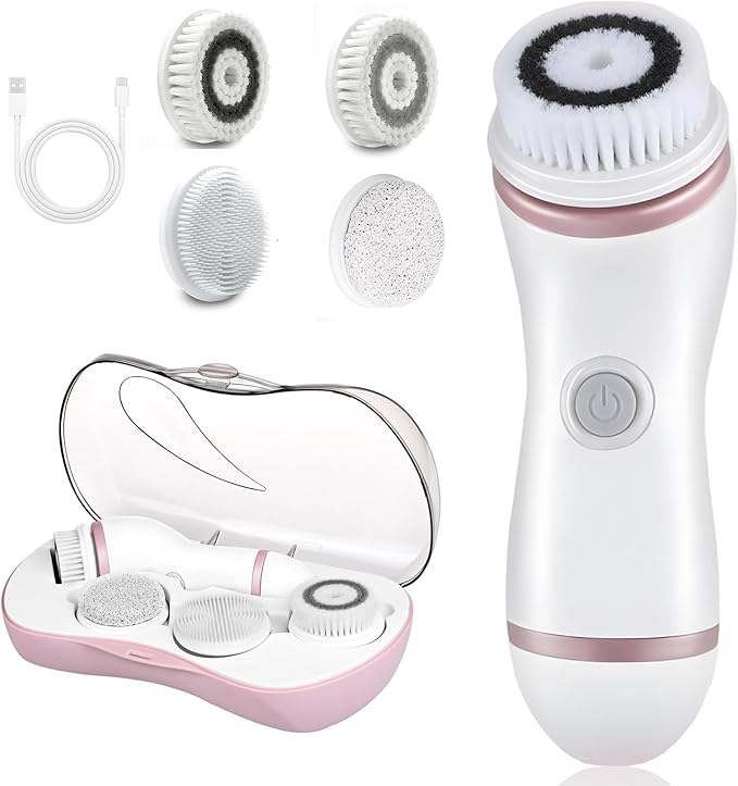 Facial Cleansing Brush, 4 in 1 Electric Face Scrubber with Travel Case and 4 Brush Heads, Waterproof Facial Cleansing Spin Brush for Gentle Exfoliation and Deep Cleaning (Pink)