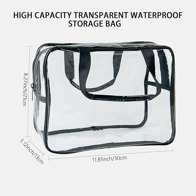 PVC Clear Pure Color Transparent Large Zipper Cosmetic Pouch Travel Makeup Cosmetic Bag with Handle for Travel Bathroom Toiletry Organizer (Clear+Black Handle)