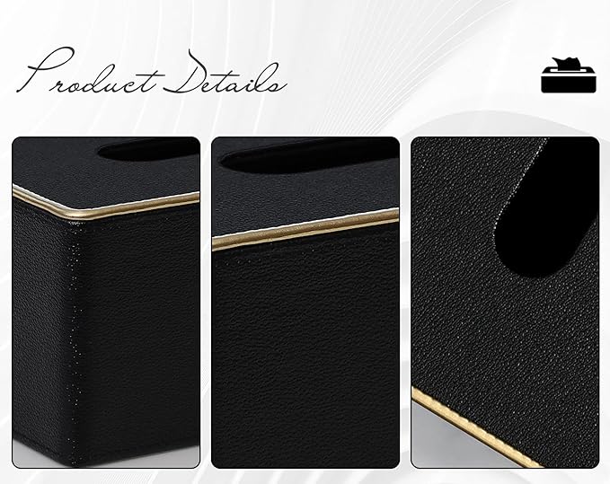 Tissue Box Cover Square PU Leather Facial Tissue Box Holder for Dresser Bathroom Decor (Black Pearl)