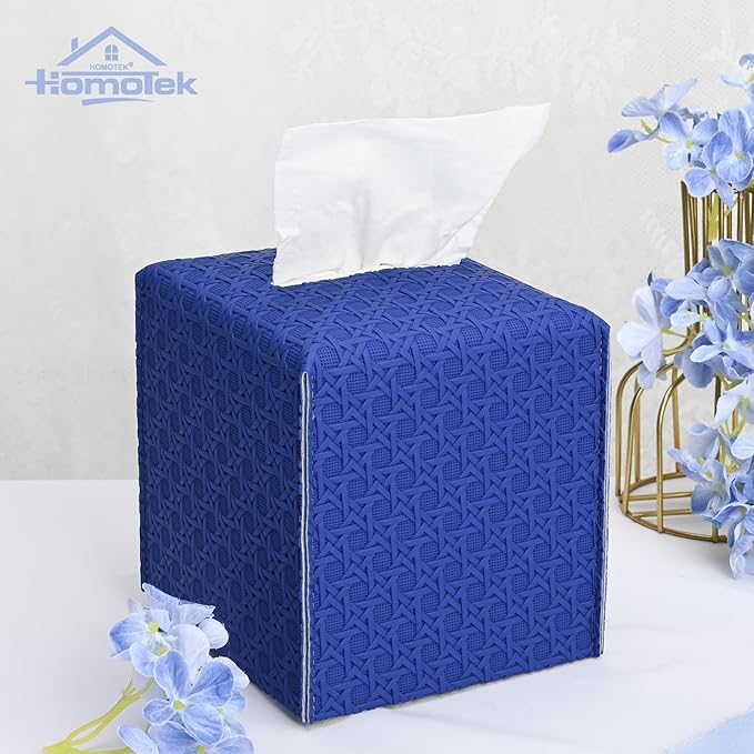 HOMOTEK 2 Pack Tissue Box Cover, Square PU Leather Tissue Holder, Decorative Facial Tissue Cube Paper Organizer Dispenser for Bathroom, Night Stands, Desk, Car 5X5X5'' - Rattan Weave,Blue