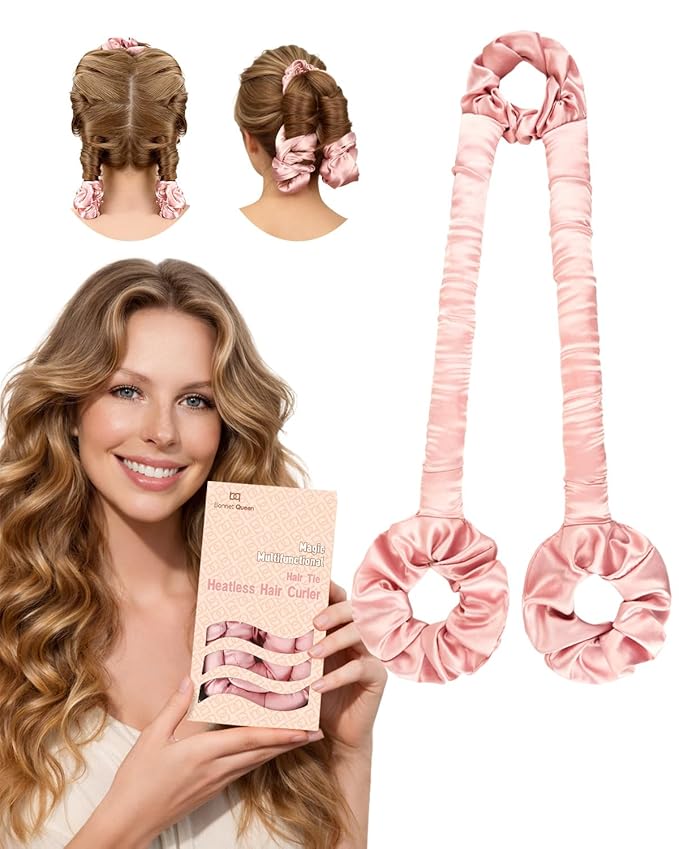 BONNET QUEEN Heatless Hair Curler for Heatless Curls Overnight, All-in-One Sleepy Tie Satin Curling Rod, Hair Curlers to Sleep In, Overnight Blowout Rods, Hair Rollers for Women Long Hair, Cream Pink