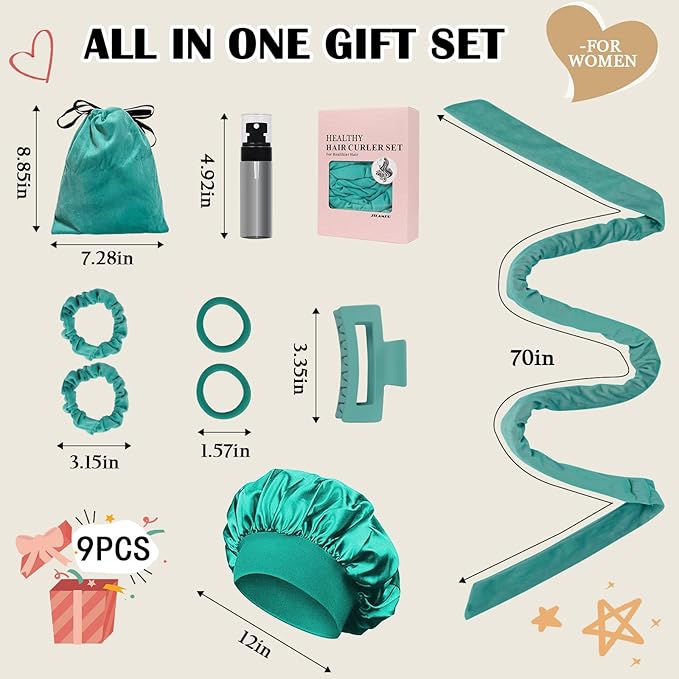 ZILAMPU No Heat Overnight Curl Headband, 70" Soft Wave Hair Rollers for Long Hair, 9 PCS Curl Rods Gift Set - Blue-green