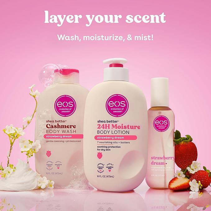 eos Shea Better Body Lotion Strawberry Dream, 24-Hour Moisture Skin Care, Lightweight & Non-Greasy, Natural Shea, Vegan, Strawberry Body Lotion, 16 fl oz