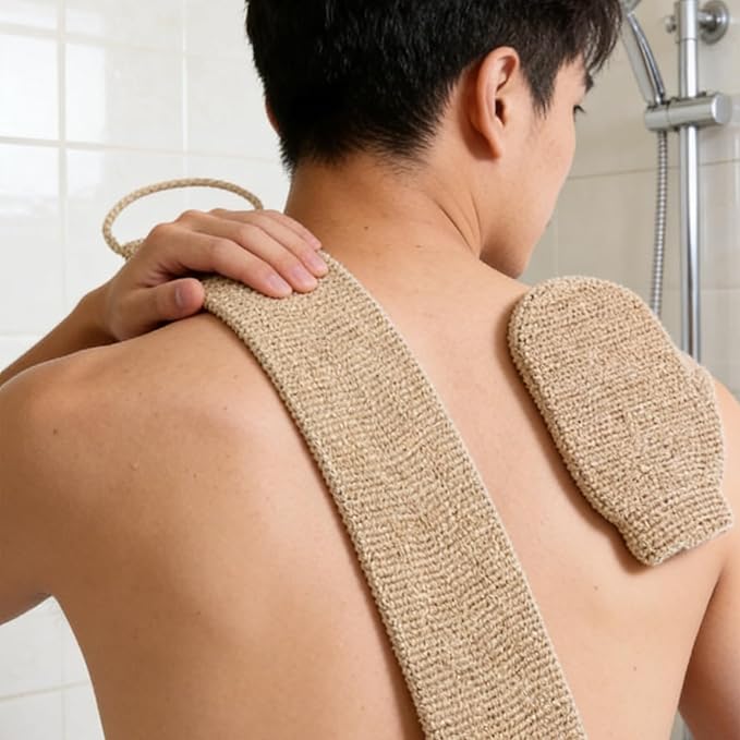 Hemp Exfoliating Back Scrubber Strap and Mitt Set, 2 in 1 Bath Body Loofah Scrubber, Anti-Slip Shower Exfoliator for Men and Women, Durable Eco-Friendly Skin Cleansing Tool for Spa and Bath