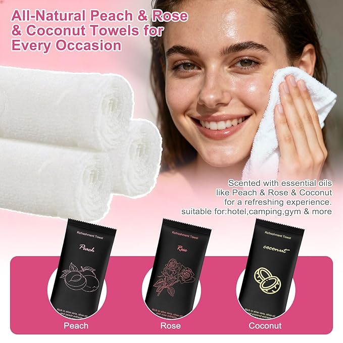 Moist Cotton Towel Bulk Moist Towelettes Individually Wrapped 8.7" x 8.7",White Towel Services,Refreshment Pre Moistened Towels Peach,Rose and Coconut for Sport Party Spa(Pack of 30)