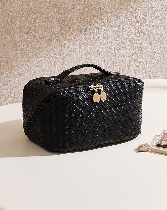 EACHY Travel Makeup Bag, Large Capacity Cosmetic Bag for Women, Waterproof PU Leather, Flat Open Portable Toiletry Bag for Skincare, Brushes & Travel Essentials
