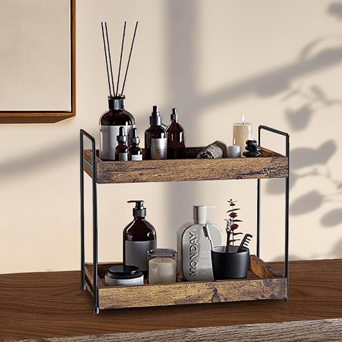 2 Tier Bathroom Counter Organizer Wood Bathroom Storage Shelf Spice Rack for Kitchen Countertop Vanity Tray Makeup Storage Coffee Station Organizer-Rustic Brown