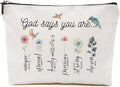 God Says You Are Makeup Bags,Inspirational Bible Verse Bag,Christian Gifts, Affirmations Gifts,Durable Canvas Travel Toiletry Organizer for Daily & Travel Use,Bible Verse Flower Bird Wash Bag for Her