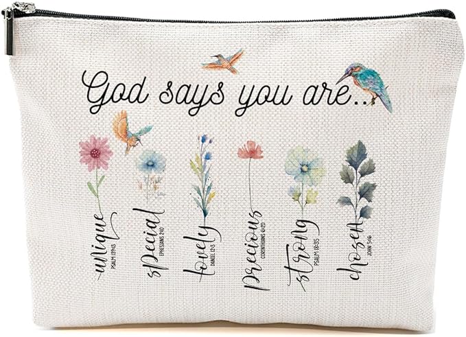 God Says You Are Makeup Bags,Inspirational Bible Verse Bag,Christian Gifts, Affirmations Gifts,Durable Canvas Travel Toiletry Organizer for Daily & Travel Use,Bible Verse Flower Bird Wash Bag for Her