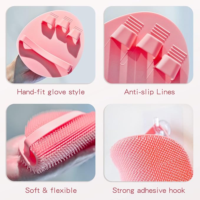 Manmihealth Silicone Back Scrubber (Thick Bristles) & Bath Glove & Face Brush Set(3PCS), Super-Exfoliating & Lathering Body Scrubber, Shower Brush, Face Scrubber Combination, with a Free Hook.(Pink)