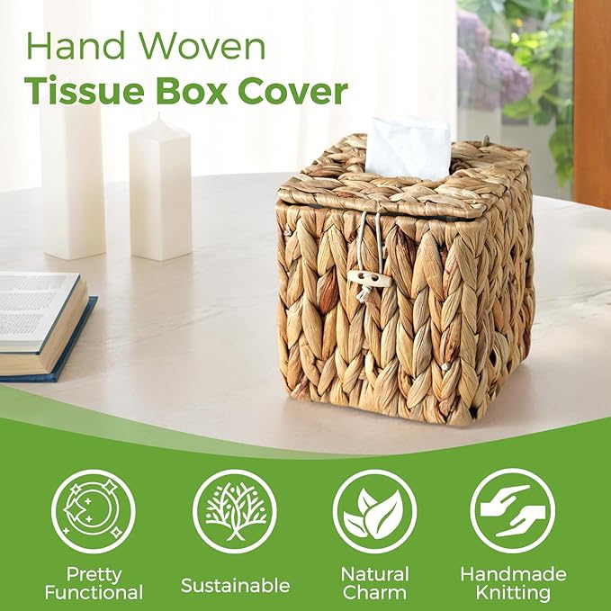 Rattan Tissue Box Cover with Lid, Wicker Tissue Box Holder Square, Hand Woven Cube Tissue Box Cover Tissue Holder for Bathroom Living Room Kitchen Office, Natural