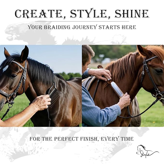 Horse Braiding Kit – 11PCS Equestrian Mane & Tail Grooming Set with Braiding Yarn, Rug Hook, Mane Comb, Seam Ripper, Measuring Tape & Storage Bag – Horse Show Grooming Essentials, Easy for Beginners