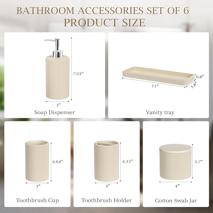 6-Piece Beige Bathroom Set - Mesh Textured Resin Bathroom Accessories Set with Soap Dispenser, Toothbrush Holder, Cup, Vanity Tray & Apothecary Jars for Small Spaces