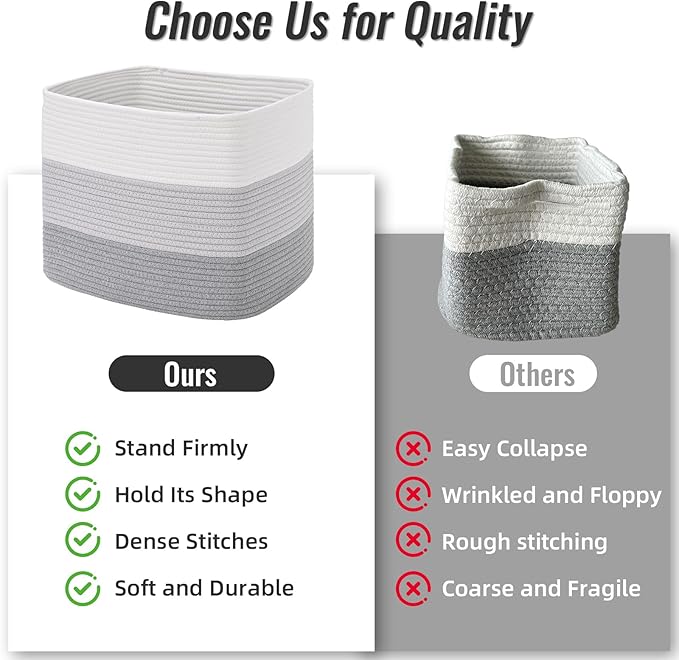 3 Pack Cube Storage Bin, 17”x12”x12” Cotton Rope Woven Baskets for Organizing Toys Clothes Towels, Square Gift Storage Baskets for Shelf, Nursery, Closet, Bathroom, Pantry (3-Tone Gray)