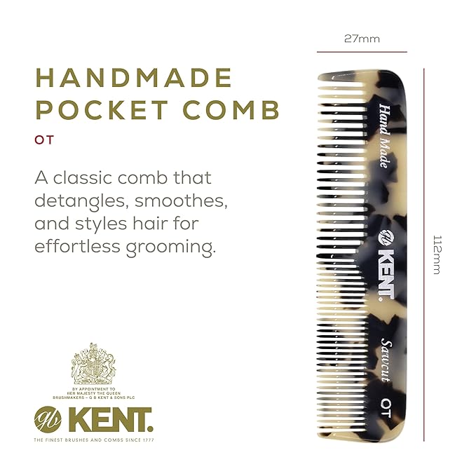 Kent OT TW Pocket Comb - Handmade Fine and Wide Tooth Hair Comb for Men, Women, and Kids - Travel, Beard, and Mustache Comb - Saw Cut and Hand Polished Made in England