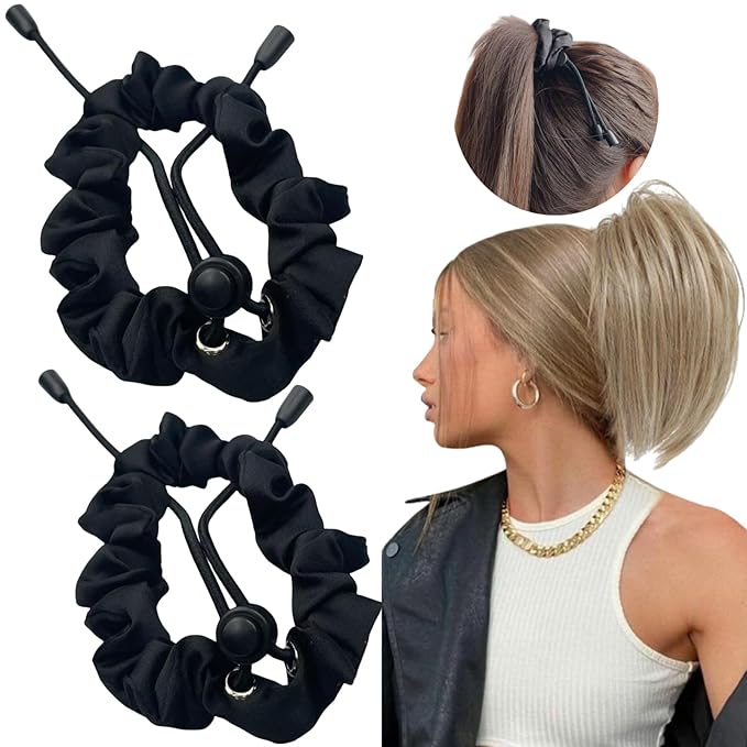 2 Pcs Adjust Satin Hair Tie, Satin Scrunchies for Women Girls, Adjustable Hair Ties for 4c Girlie Thick Curly Natural Hair, No Damage Hair Accessories for Afro Puff Loc Ponytails (black)
