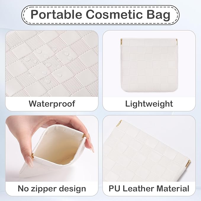 Sightor 2PCS Small Makeup Bag for Purse, Mini Cosmetic Bag Waterproof Pouch for Women, Checkered Purse Self-closing Coin Lipstick Small Leather Cosmetic Pouch (Pink, White)