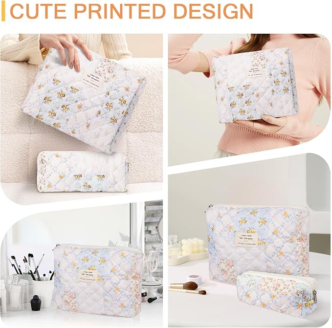 2PC Makeup Bag Set, Cute Cosmetic Bag for Women Girls, Floral Coquette Aesthetic Toiletry Bag, Travel Make Up Organizer Bag (Folk Style)
