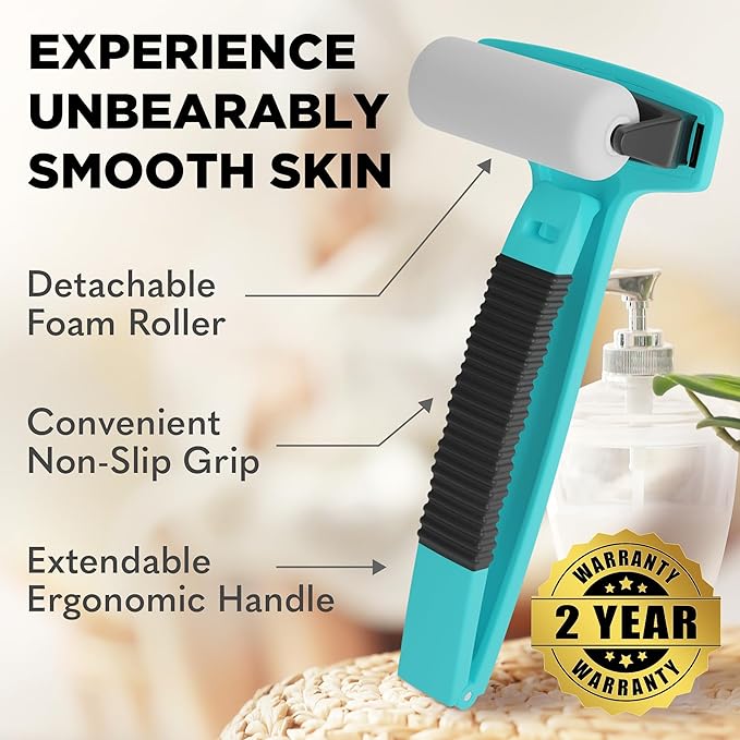 Bearback Lotion Applicator for Back & Body – Premium Long Folding Handle with 6 Rollers – Apply Self-Tanner, Lotion, Medication – American Small Business (Teal)
