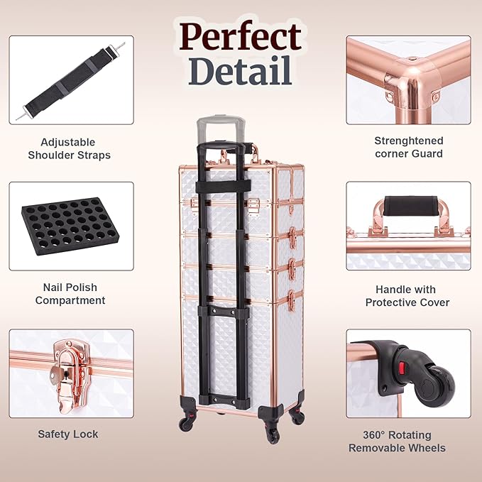 TOPACK Professional 4-In-1 Rolling Makeup Train Case, Large Makeup Travel Case with Key Shoulder Strap/Handle Cushion I Makeup Train Case Organizer I Cosmetology Case on Wheels（White Glod）